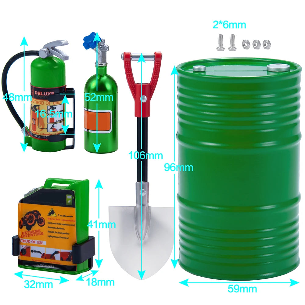 A set of 1/10 scale RC crawler decoration including a fire extinguisher, oil drum, and shovel.