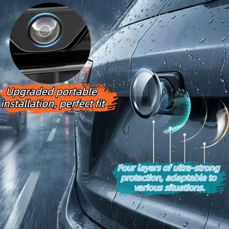 Close-up of a camera protective cover installed on a car body, showing layers of protection.