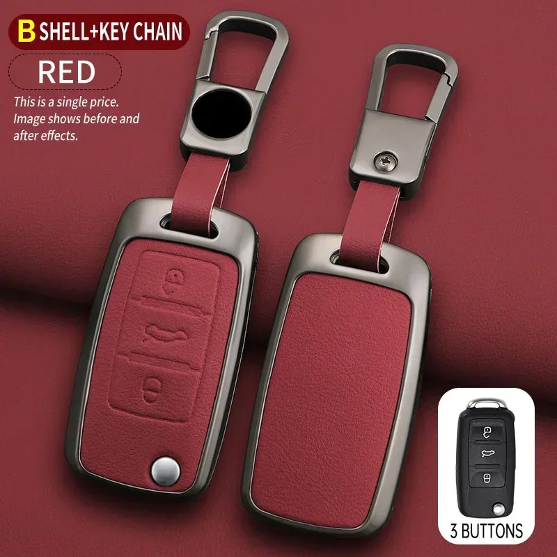 Red shell and key chain with a leather cover showing before and after effects.