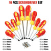 A set of ten magnetic screwdrivers in various sizes and colors with a storage bag.