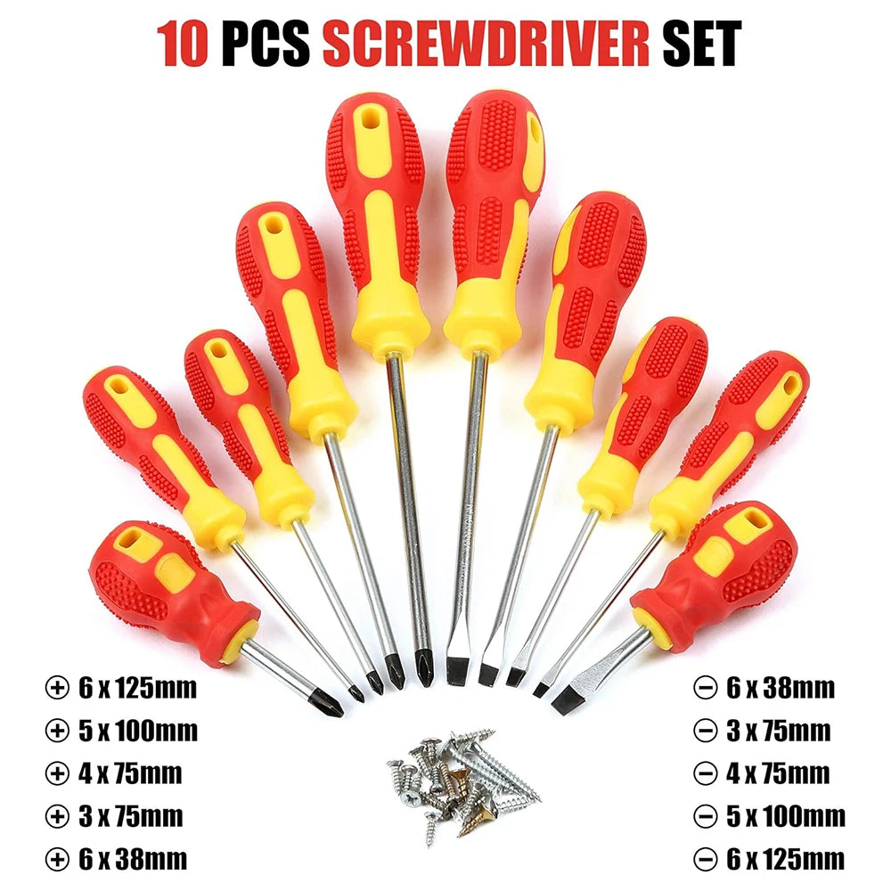 A set of ten magnetic screwdrivers in various sizes and colors with a storage bag.
