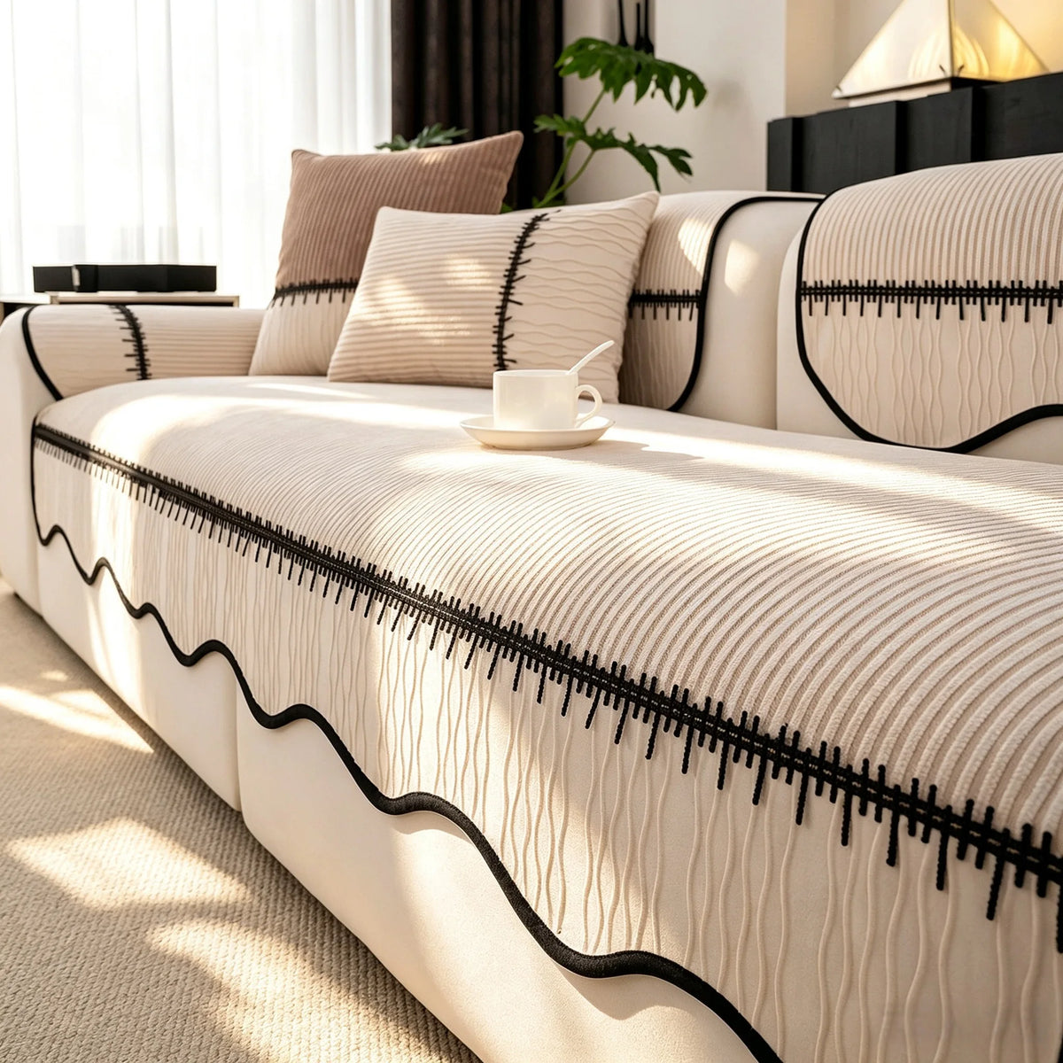 A beige striped chenille sofa cover with a black pleated hem resting on a light-colored sofa.
