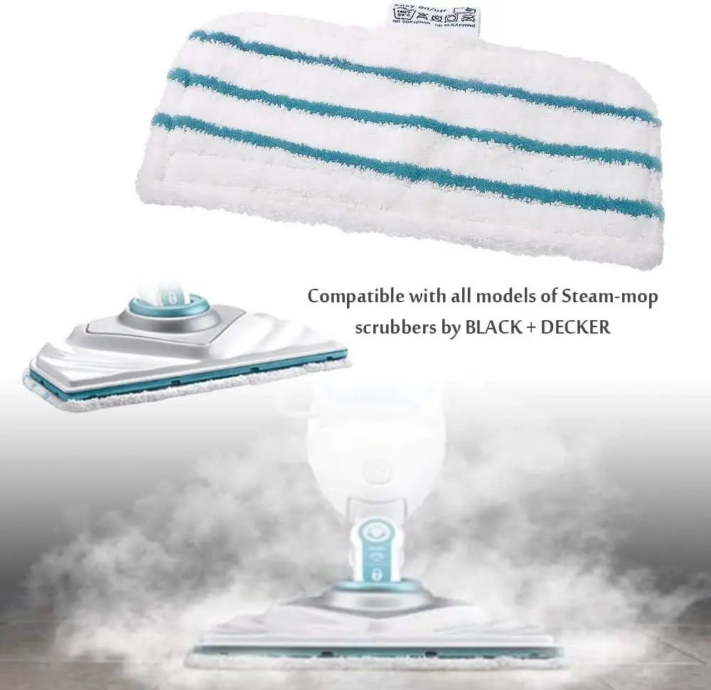 Replacement microfiber pads for Black & Decker steam mops shown with a white cleaning cloth and a steam mop.