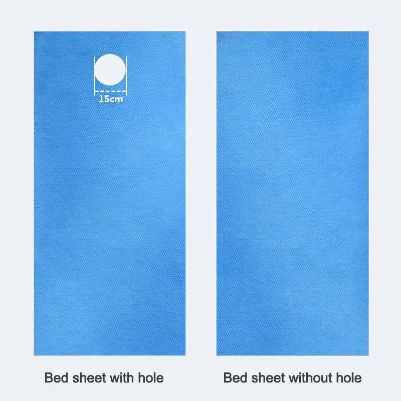 A comparison showing a bed sheet with a hole and a bed sheet without a hole, both in light blue.