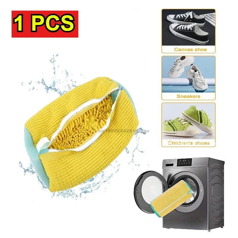 Yellow mesh laundry bag for shoes shown next to a washing machine.