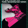 A pink magnetic suede edge squeegee is shown next to a white glove, demonstrating the TPEE material.