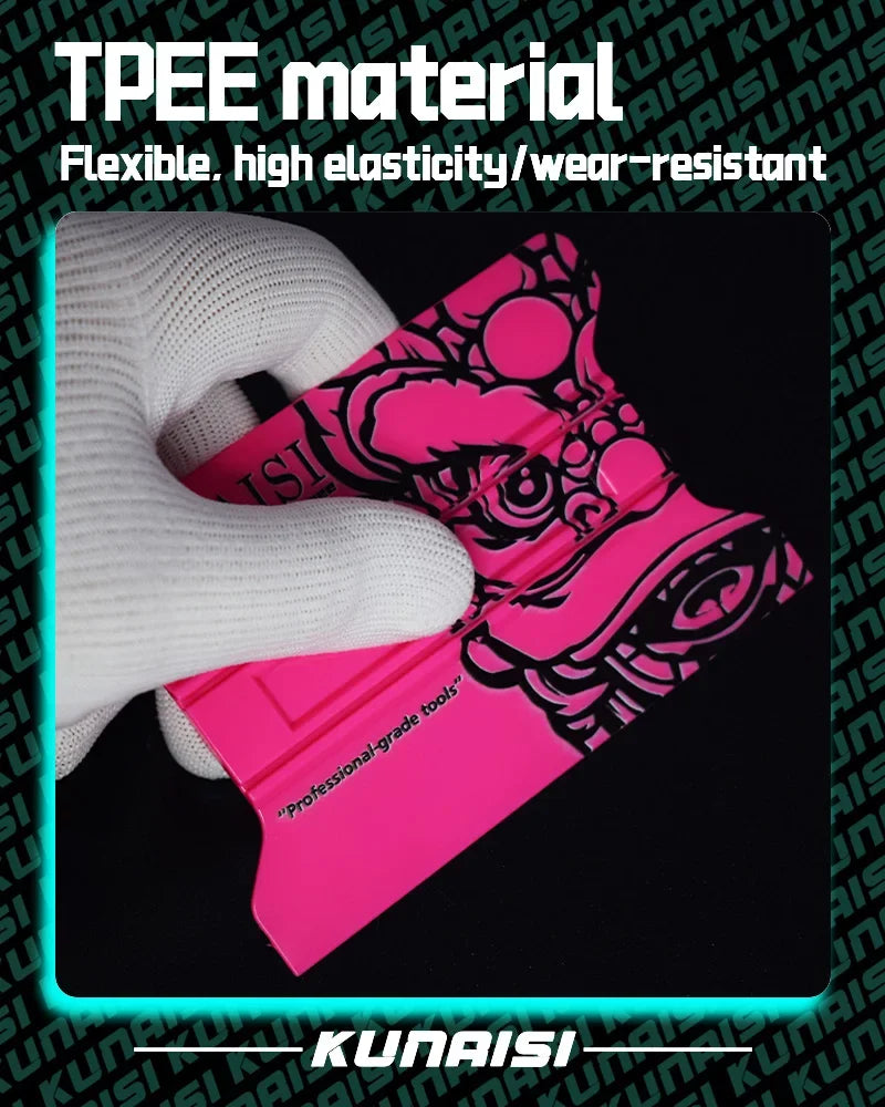 A pink magnetic suede edge squeegee is shown next to a white glove, demonstrating the TPEE material.