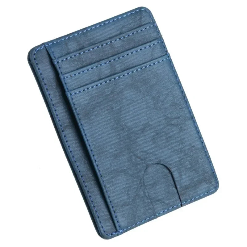 A slim blue leather wallet with stitched edges and a card slot.