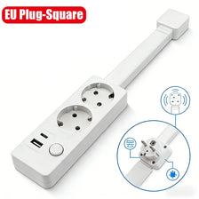 A white EU plug-square rotating wall outlet extender with multiple power sockets and a USB port.