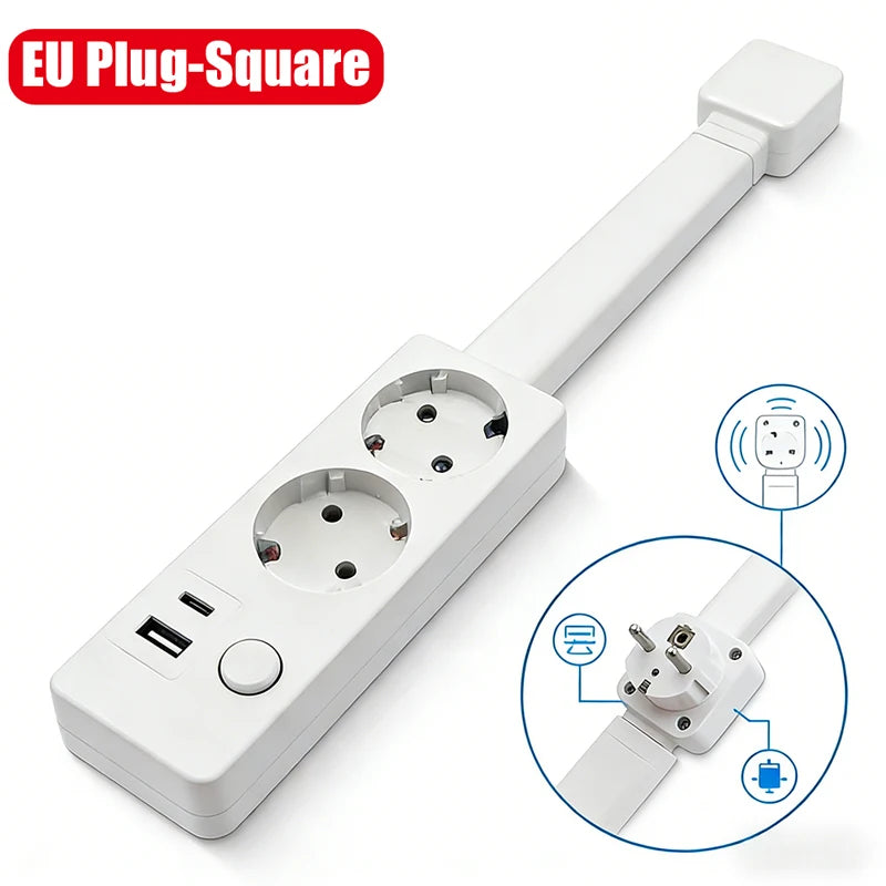 A white EU plug-square rotating wall outlet extender with multiple power sockets and a USB port.