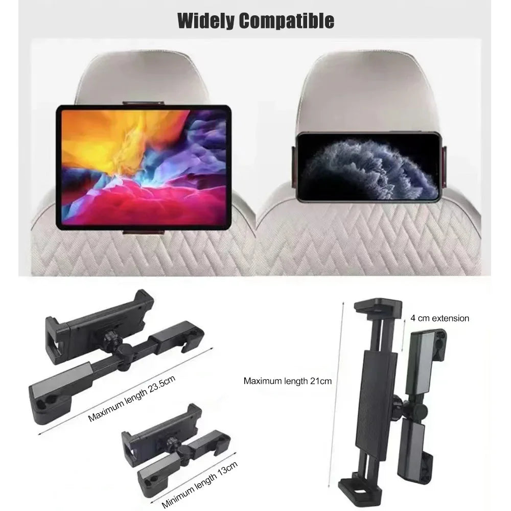 Adjustable car tablet mount for rear seat entertainment showing various mounting options and compatibility