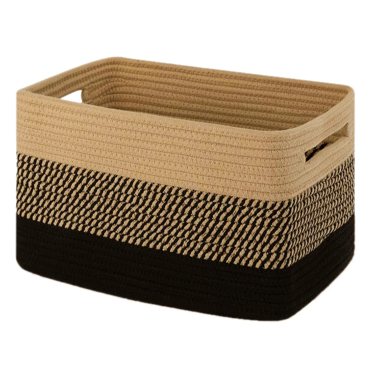 A rectangular woven cotton rope storage basket with a beige top section and a black bottom section.