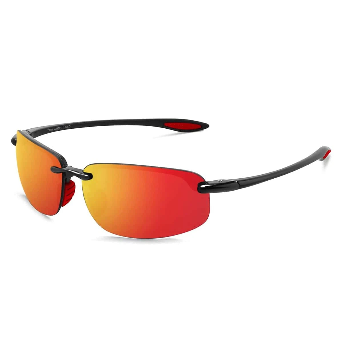 Rimless polarized sports sunglasses with a lightweight TR90 frame featuring an orange-to-red gradient lens.