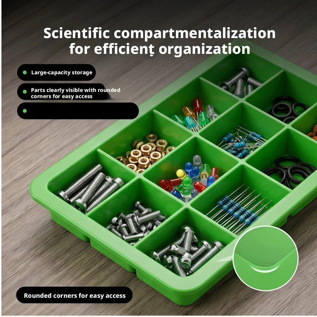 A green multi-compartment storage box with rounded corners holding various hardware and small items for organized storage.