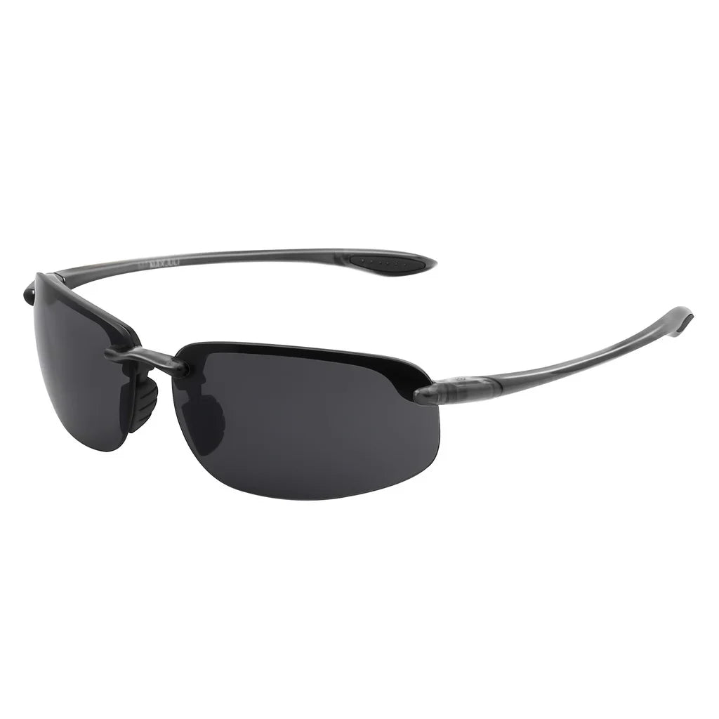 Rimless polarized sports sunglasses with a black lens and lightweight TR90 frame