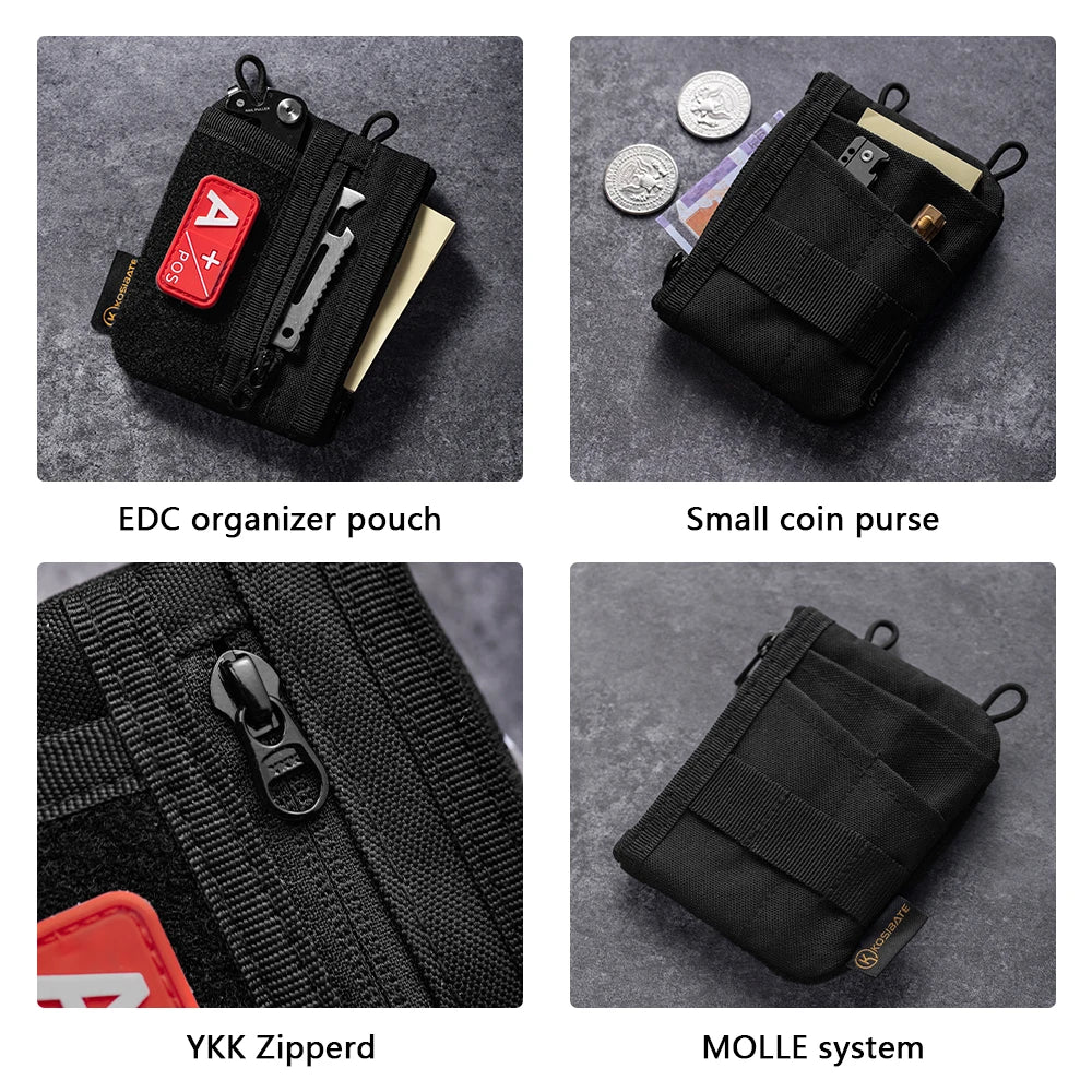 Varias fundas y accesorios negros para EDC, incluyendo una pequeña cartera de monedas, cremallera YKK y sistema MOLLE.