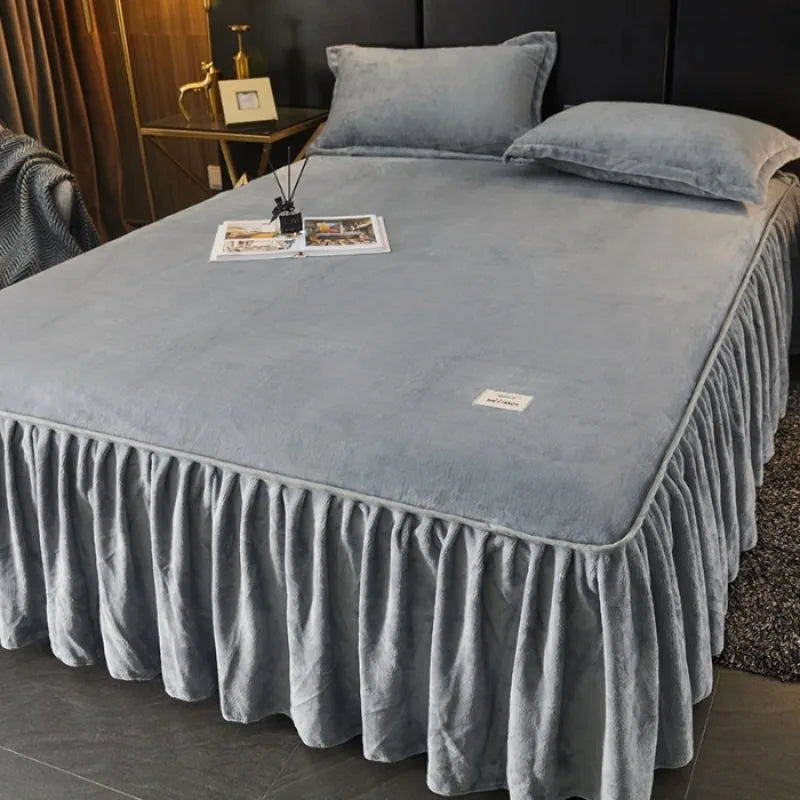 Cozy Milk Velvet Bed Skirt with Non-Slip Embroidered Trim