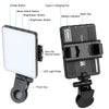 A rechargeable LED selfie light device shown with various components like buttons, charging port, and clips.
