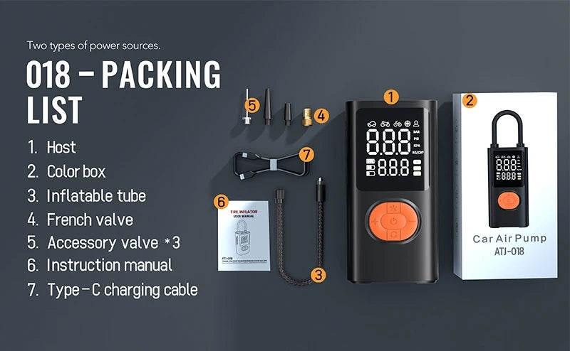 Packing list for a 3-in-1 portable car tire inflator including host, color box, inflatable tube, valve, accessories, manual, 