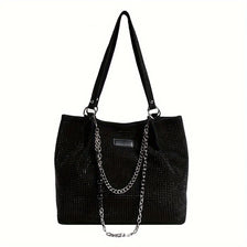 Black crystal-embellished chain shoulder bag with a long silver chain detail