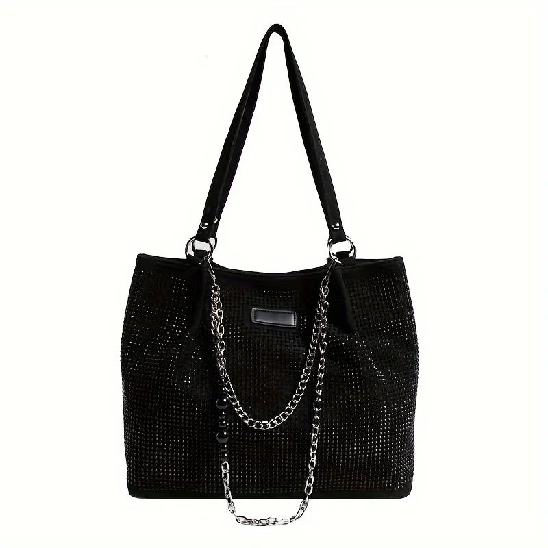 Black crystal-embellished chain shoulder bag with a long silver chain detail