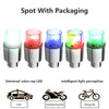 Universal valve cap LED lights for bike, car, and motorcycle shown with packaging.