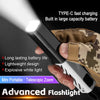 A hand holds a black and white rechargeable LED flashlight with a telescopic zoom feature against a dark background.