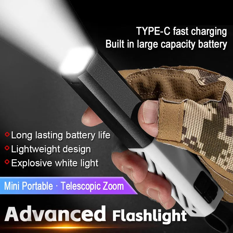 A hand holds a black and white rechargeable LED flashlight with a telescopic zoom feature against a dark background.