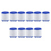A set of six white and blue rotating faucet water purifiers with PP cotton filters.