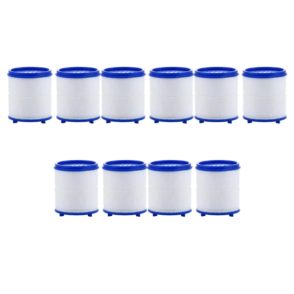 A set of six white and blue rotating faucet water purifiers with PP cotton filters.