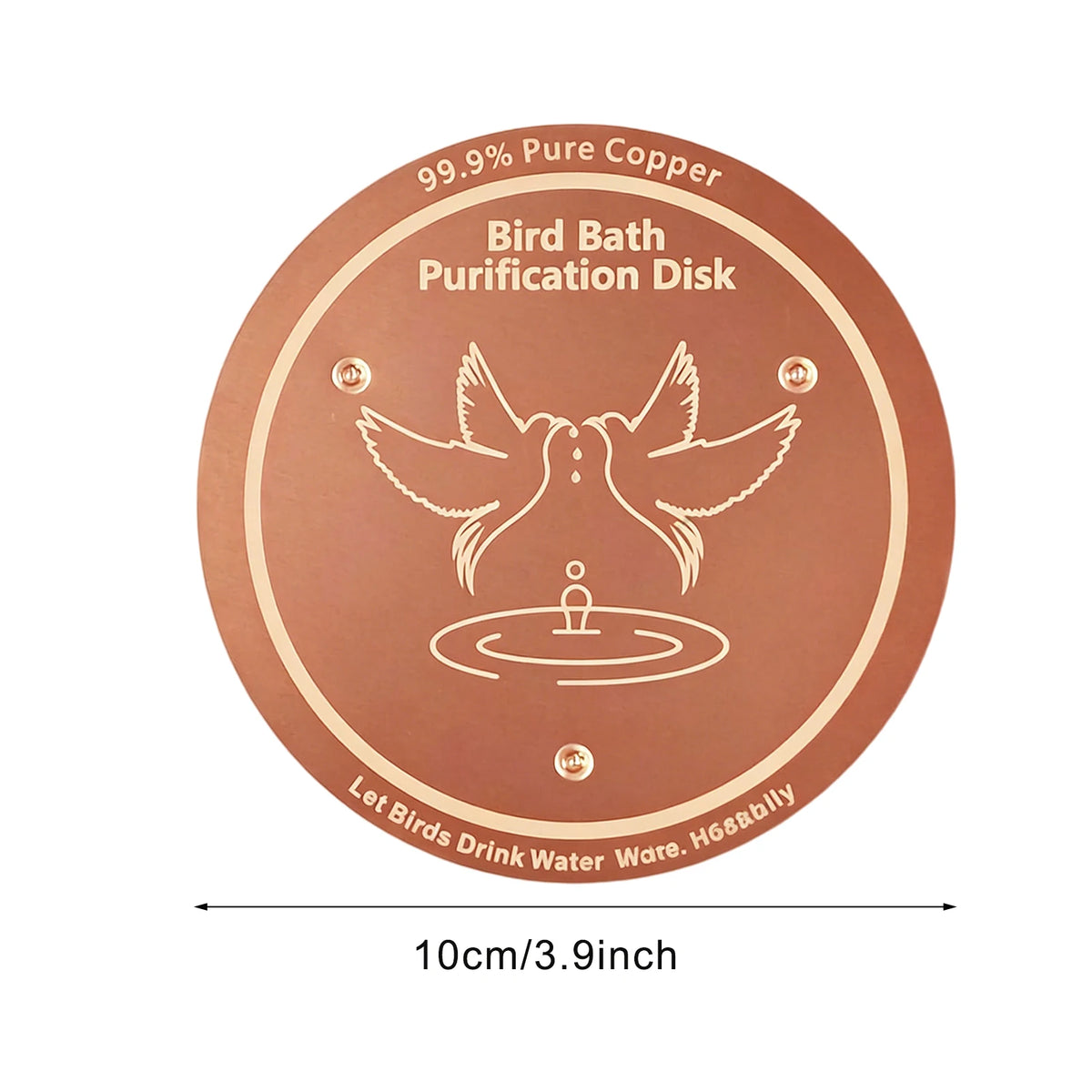 A round copper purification disk for bird bath water, featuring a bird silhouette and a circular drain.