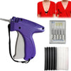 A purple mini handheld stitching gun with a black cord and various needles, alongside examples of stitched clothing.