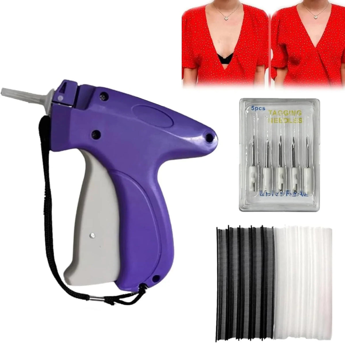 A purple mini handheld stitching gun with a black cord and various needles, alongside examples of stitched clothing.