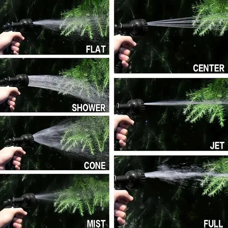 Demonstration of an expandable garden hose with adjustable high-pressure nozzles creating flat, center, shower, cone, mist, a