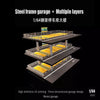 A detailed 1/64 scale model of a steel frame garage with multiple layers and yellow lighting.
