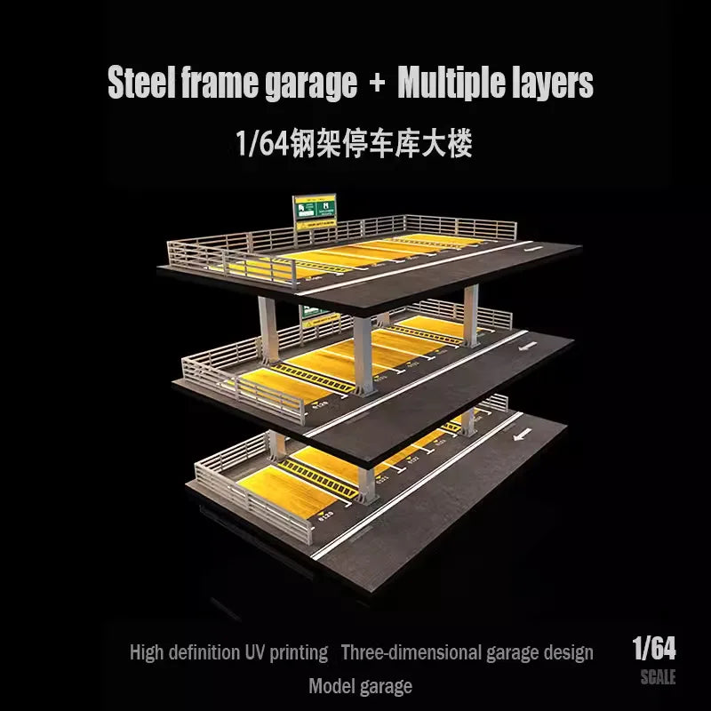 A detailed 1/64 scale model of a steel frame garage with multiple layers and yellow lighting.