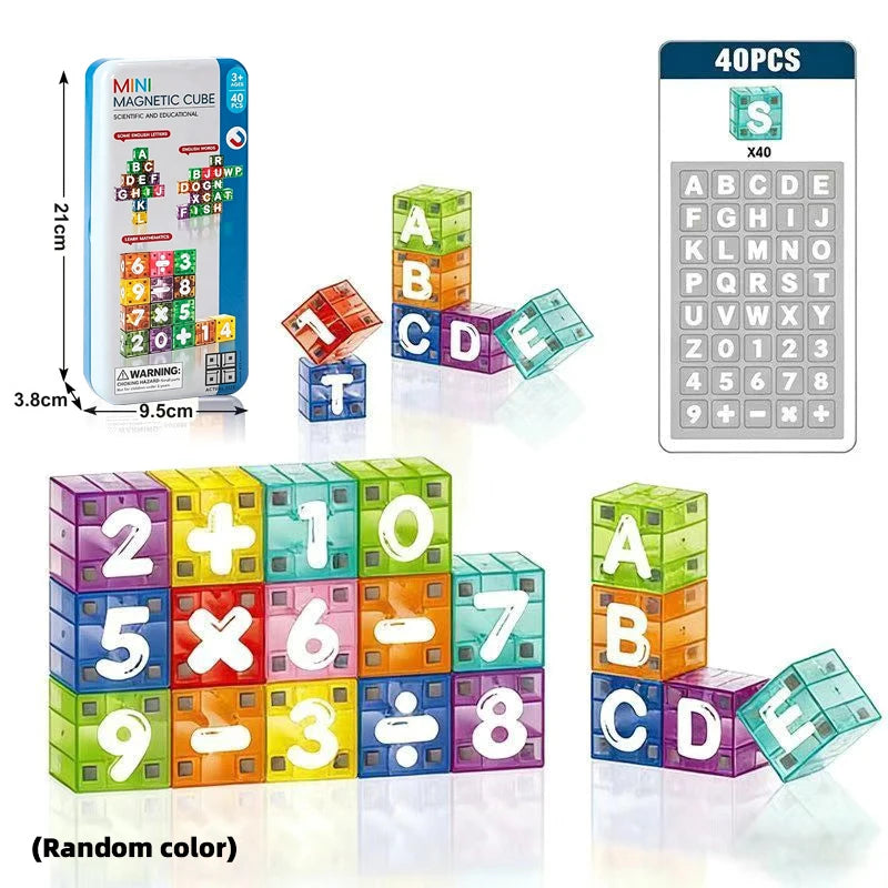 A set of magnetic alphabet and number building blocks with a storage box showing various letters and numbers.