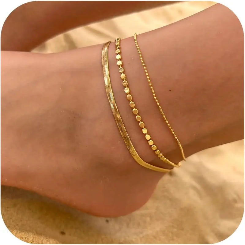 Layered Herringbone Anklet Set