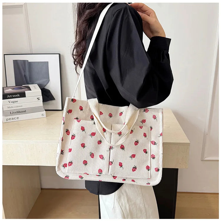 Strawberry Bowknot Canvas Tote Bag