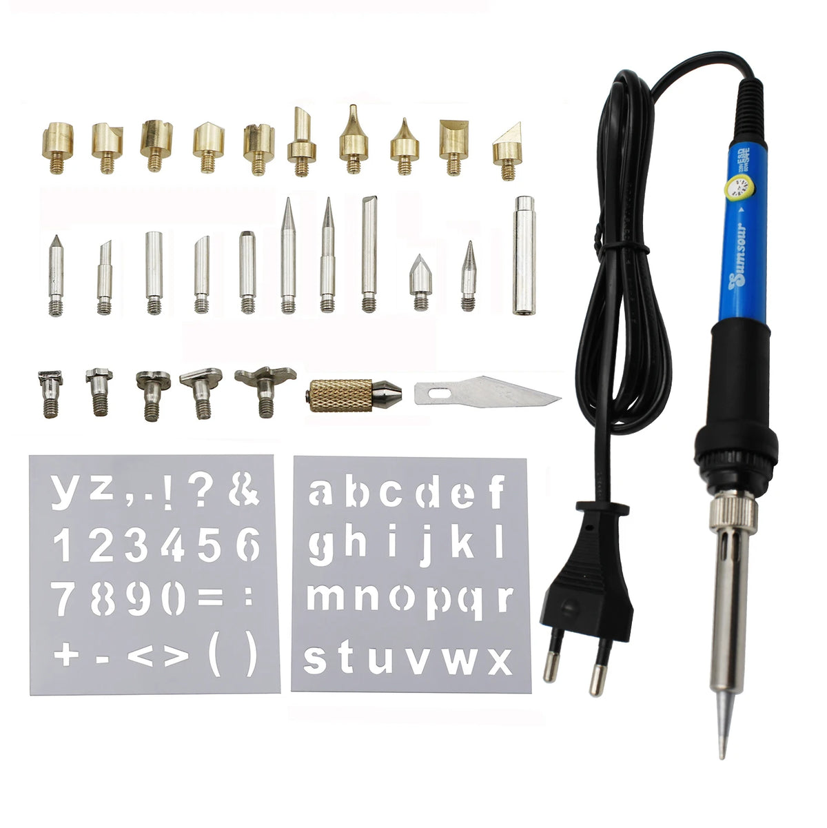 A kit of various tips and tools for wood burning and soldering, including a pen and multiple metal points.