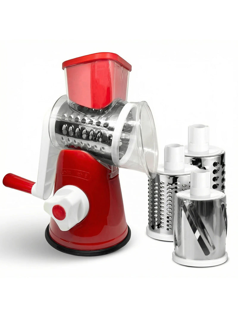 Multi-Function Rotary Cheese Grater with Suction Base and Round Mandoline Slicer