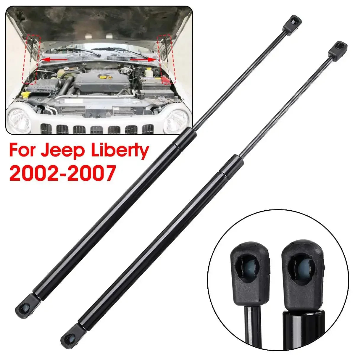 A pair of black heavy-duty hood lift supports for a Jeep Liberty, shown with an inset of the engine bay.