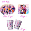 A set of 60 pieces of K-Pop themed birthday party decorations including circular plates and plastic cups.