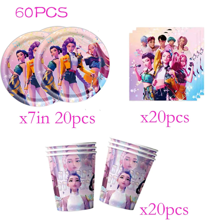 A set of 60 pieces of K-Pop themed birthday party decorations including circular plates and plastic cups.