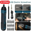 A set of 20 USB electric screwdrivers and accessories including a main tool, interchangeable bits, and an extension bar.
