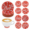 A set of eight red diamond art coasters featuring holiday designs like Noel, Hope, Peace, and Love on wooden bases.