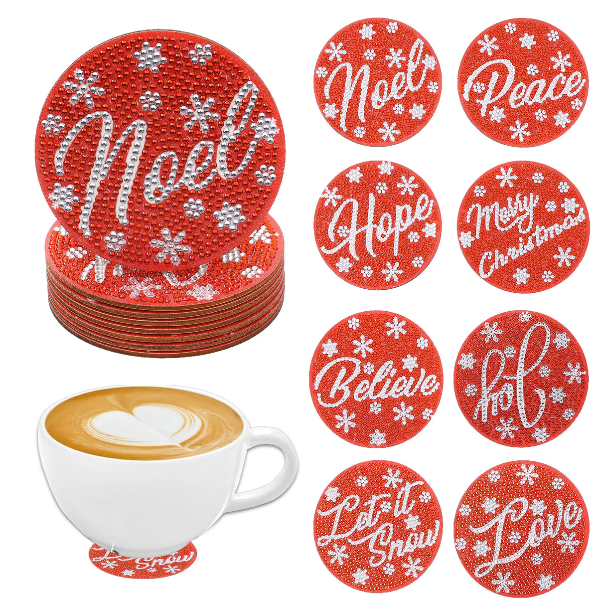 A set of eight red diamond art coasters featuring holiday designs like Noel, Hope, Peace, and Love on wooden bases.