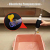 A close-up of a portable siphon pump kit with a yellow component and a clear hose being used to draw liquid into a pink conta