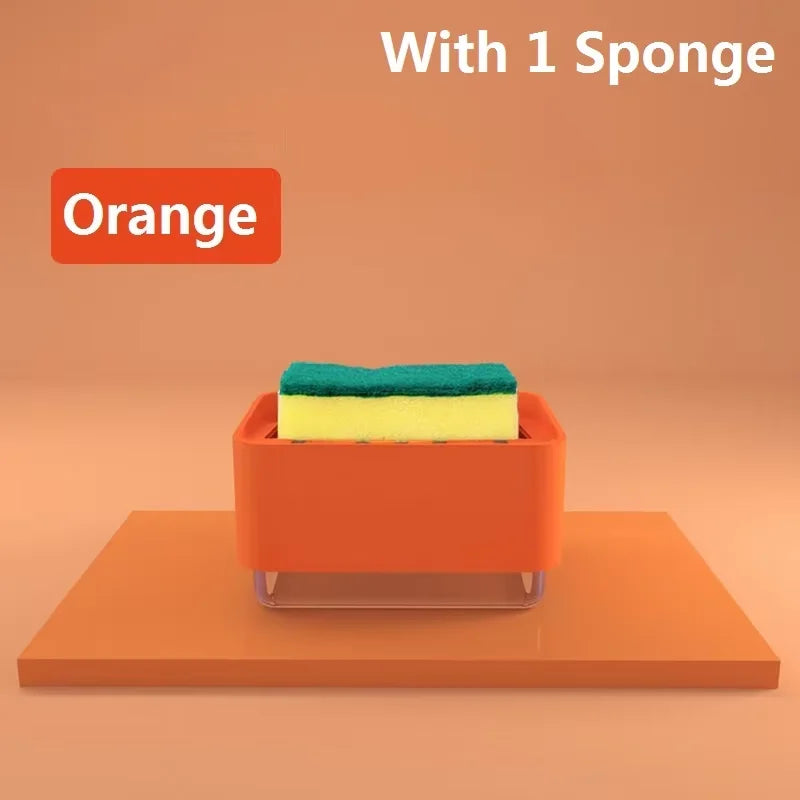Orange kitchen soap dispenser with a green sponge inside