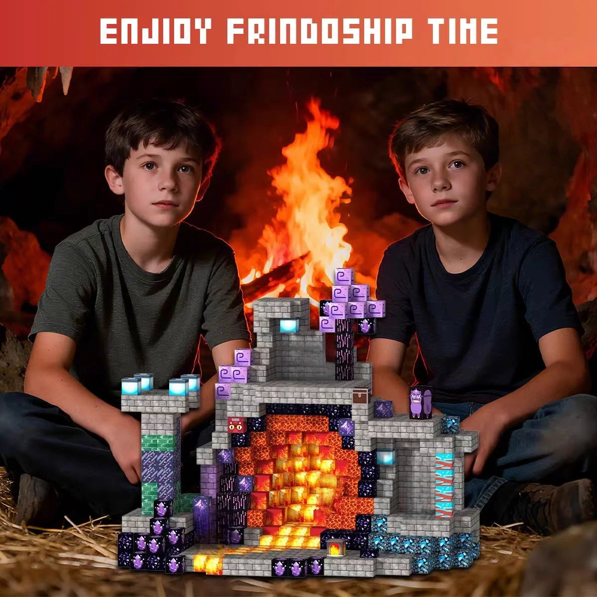 Two boys play with a magnetic building blocks set depicting a forest scene and house structure.